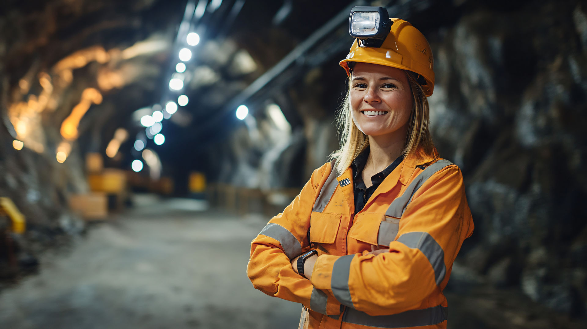 Smiling Female Miner Standing With Crossed Arms In A Brightly Lit Mine Tunnel
